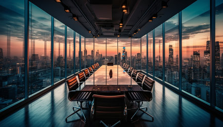 A modern conference room with a stunning cityscape view through large windows, showing the city's skyline during sunset.の写真素材