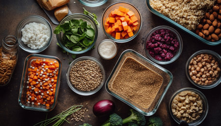Close-up image of various ingredients for a healthy salad, like pumpkin, broccoli, quinoa, lentils, nuts and seeds, displayed on a rustic surface. The focus is on fresh, organic ingredients, highlighting the concept of healthy eating and meal preparation.の写真素材