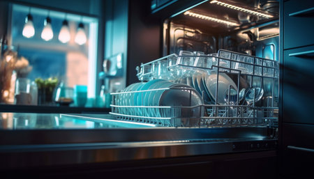 A close up of an open dishwasher with clean dishes inside.の写真素材