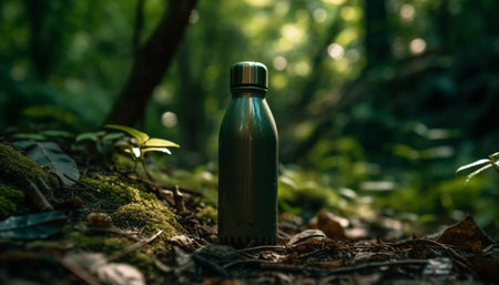 A stainless steel water bottle rests on the forest floor, surrounded by lush green leaves and foliage, highlighting the beauty of nature and sustainability.の写真素材