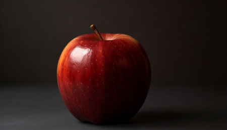 A single red apple on a black background, showing its vibrant color and texture.の写真素材
