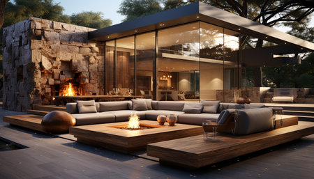 A modern house with a luxurious outdoor living space featuring a fireplace and lounge area. The...