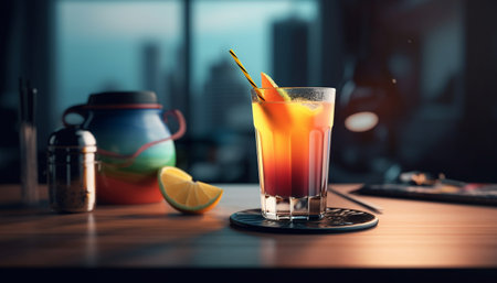 A Tequila Sunrise cocktail with an orange slice garnish, on a wooden table