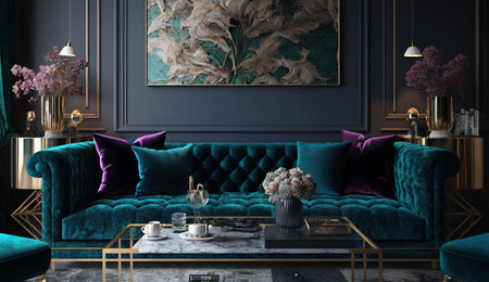 A luxurious living room interior featuring a teal velvet tufted sofa with purple pillows, a glass...