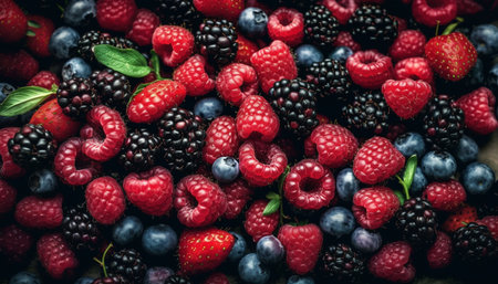 A vibrant collection of fresh raspberries, blackberries, and blueberries, showing their natural...
