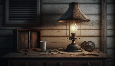 A vintage lamp with a warm glow sits on a rustic wooden table in a cozy interior. The lampshade casts a shadow on the table, and the surrounding area is filled with a soft, warm light. The lamp is placed next to a small cabinet and a cup, adding to the rustic charm of the scene.の写真素材
