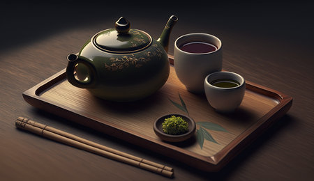A close up still life of a Japanese tea ceremony setup, with a teapot, two cups of tea, chopsticks and a bowl of matcha on a wooden tray. The image portrays a sense of calm and tranquility.の写真素材