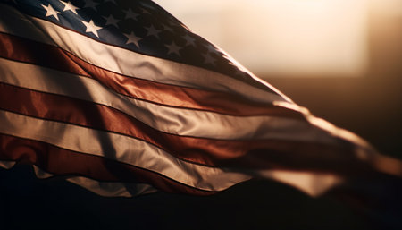 Close-up of an American flag waving proudly in the wind against a warm, golden sunset.