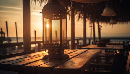 A close-up of a lantern on a wooden table on a beachside terrace with the sunset in the background.の写真素材