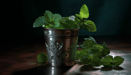 A close-up shot of fresh mint leaves in a metal cup on a dark wooden surface.
