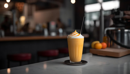 A refreshing mango smoothie with whipped cream and a straw in a cafe setting.の写真素材