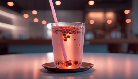 A glass of pink bubble tea with a straw on a table in a cafe setting.