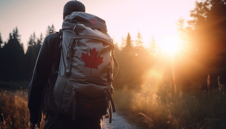 A man with a backpack walks through a forest at golden hour. The sun shines behind him, creating a warm and inviting atmosphere. The image evokes a sense of adventure and exploration.の写真素材
