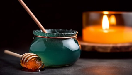 A jar of honey with a wooden dipper on a dark surface with a lit candle in the background.の写真素材