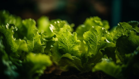 A close-up view of vibrant green lettuce leaves, highlighting the intricate details and texture of the plant. The leaves are fresh, crisp, and ready for harvest.の写真素材