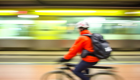 A cyclist in a red jacket and helmet speeds past a train in a subway station, creating a blurred image of motion.の写真素材