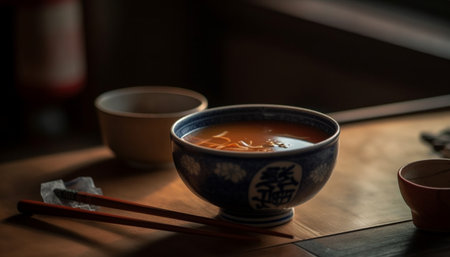 A close-up photo of a soup bowl with chopsticks, and a second bowl. The soup is steaming and the bowl is decorated with characters.の写真素材