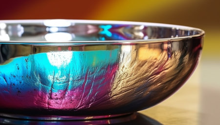 A close-up shot of a shiny metal bowl with colorful reflections on its surface.の写真素材