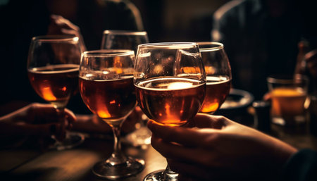 A group of friends raise their glasses in a toast, showcasing their camaraderie and shared enjoyment.の写真素材