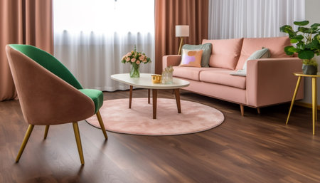 A modern living room featuring a pink sofa, a green armchair, a coffee table, and a rug.