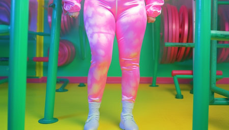 A woman in a pink outfit stands in a colorful gym, surrounded by weights and workout equipment. The bright, vibrant colors create a playful and energetic atmosphere.の写真素材