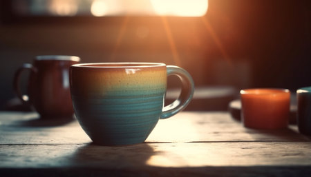 A close-up of a teal ceramic mug on a wooden table with warm sun rays streaming through a window. The mug is partially in shadow, creating a sense of warmth and comfort.の写真素材