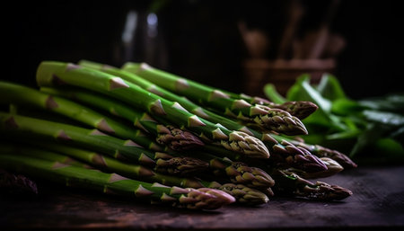 Close-up of a bunch of fresh green asparagus on a wooden surface. The asparagus is arranged in a visually appealing way, highlighting its vibrant green color and delicate texture.の写真素材