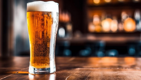 A close-up shot of a refreshing beer in a glass on a wooden bar counter.の写真素材