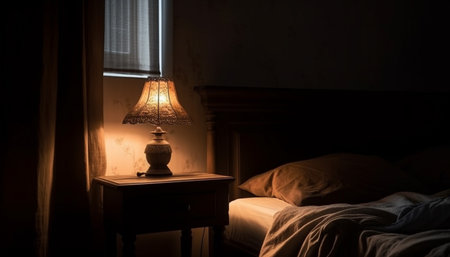 A close-up shot of a lamp on a bedside table in a dimly lit bedroom