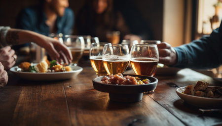 Friends enjoying a meal together at a table in a restaurant. The focus is on the food and drinks in front of them, with people out of focus in the background. The image conveys a sense of warmth and camaraderie.の写真素材