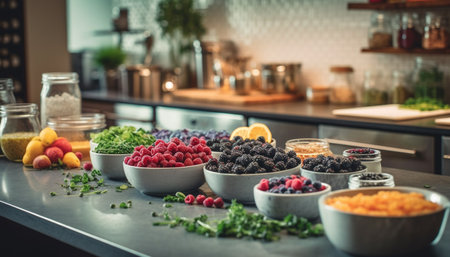 Fresh fruit and greens laid out on a kitchen counter. A variety of fruits and vegetables, including raspberries, blackberries, and lemons, are arranged in bowls and jars.の写真素材