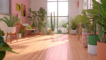 A sunlit room with lush greenery in pots, a pink wall, and a chair. The bright light casts warm shadows on the wooden floor.の写真素材