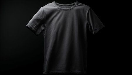 A gray t-shirt hanging on a black background, showing the garment's simple design and neutral color.の写真素材