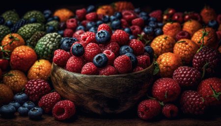 A wooden bowl filled with fresh, vibrant berries, including raspberries and blueberries, surrounded...