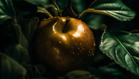 A golden apple, glistening with dew drops, sits nestled amongst verdant leaves, capturing a moment of nature's bounty.の写真素材