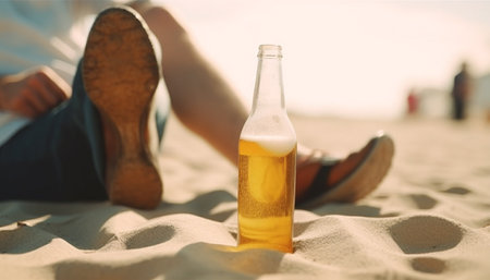 A beer bottle sits on the sand with someone relaxing on the beachの写真素材