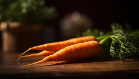 Close-up image of fresh carrots with green leaves, lying on a wooden table. The image captures the vibrant color and natural beauty of fresh carrots. The focus is on the details of the carrots, highlighting their smooth texture and orange hue.の写真素材