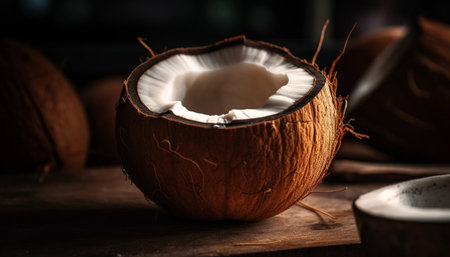 A close-up image of a cracked open coconut revealing the white flesh inside. The coconut is set on a wooden surface with a dark background.の写真素材
