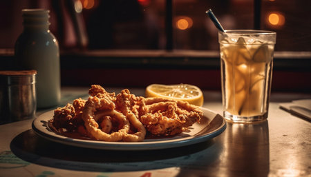 Close-up of a plate of golden-brown calamari rings and a glass of refreshing beverage on a table. The plate is in focus, while the background is slightly blurry. The calamari rings are crispy and delicious.の写真素材
