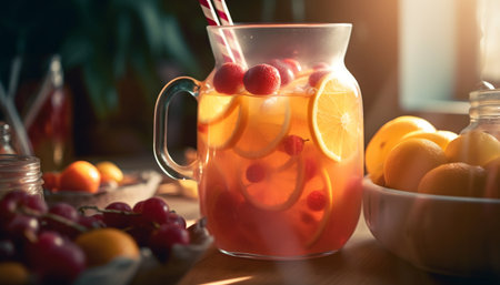 Close-up of a glass pitcher filled with sangria, a refreshing summer drink made with red wine, fruit, and citrus.の写真素材