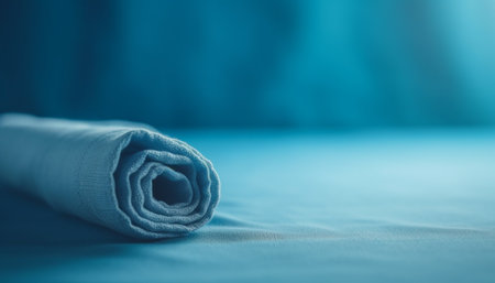 A rolled piece of light blue fabric resting on a smooth blue surface with a blurred blue background. The image features a simple and minimal design with a focus on the texture and shape of the fabric.の写真素材