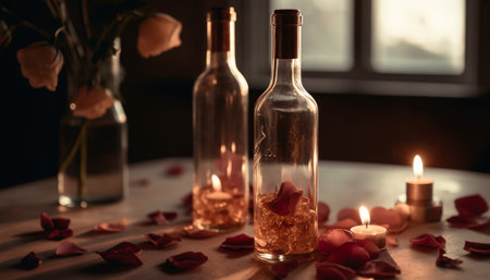 A table set with two wine bottles filled with candles and surrounded by rose petals, creating a romantic and intimate atmosphere.の写真素材