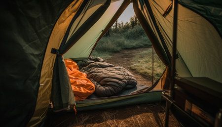The interior of a camping tent with sleeping bags and an open entrance revealing a scenic view of the forest.の写真素材
