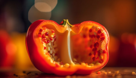 A close-up of a red bell pepper, sliced in half, revealing its seeds and inner texture. The pepper is illuminated from the side, creating a warm and inviting atmosphere.の写真素材