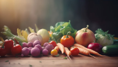 A captivating arrangement of colorful vegetables and fruits on a wooden table. The fresh harvest speaks to the bounty of nature and the importance of healthy eating.の写真素材
