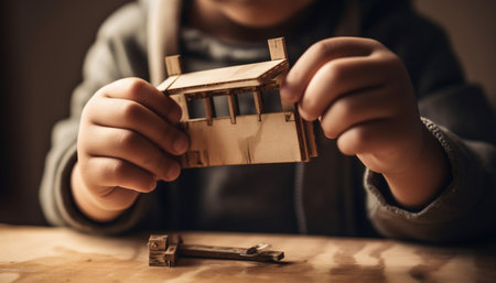 Close-up of a child's hands building a miniature wooden house, showing their creativity and focus.の写真素材