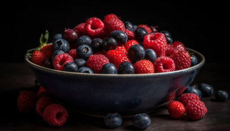 A bowl full of fresh red and blue berries on a dark background, a delicious summer snack.の写真素材