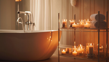 A luxurious bathroom with a freestanding bathtub and candles on a shelf, creating a relaxing and warm atmosphereの写真素材