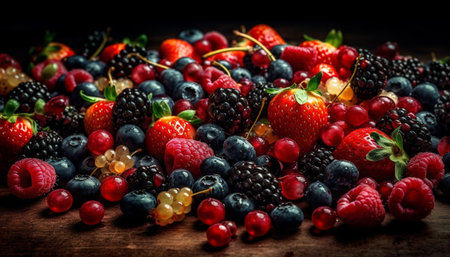A close-up image of a variety of fresh berries, including strawberries, blueberries, raspberries, and blackberries, arranged on a wooden surface. The berries are vibrant and colorful, making for a delicious and healthy snack.の写真素材