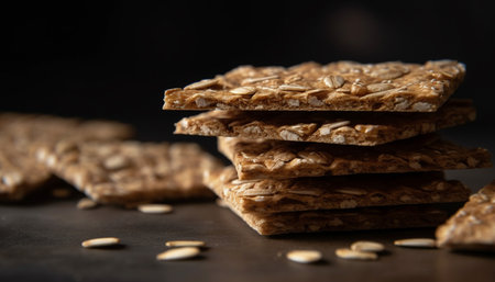 Stack of delicious oat crackers on a table. The crackers are crunchy and are perfect for a healthy snack.の写真素材